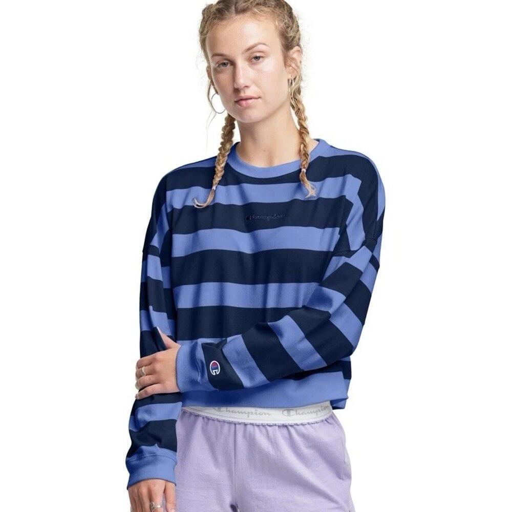 Champion Womens Top Sz L Royal Blue Striped Long Sleeve Athletic Wear Active